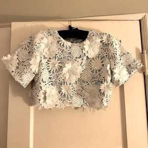 Unitedwood designer LARA 3D LACE PASTEL BLUE CROPPED TOP WITH OPEN BACK